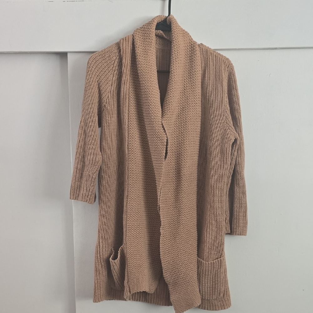 Chaps 100% Cotton Camel Tan Knit 3/4 Sleeve Waterfall Cardigan
